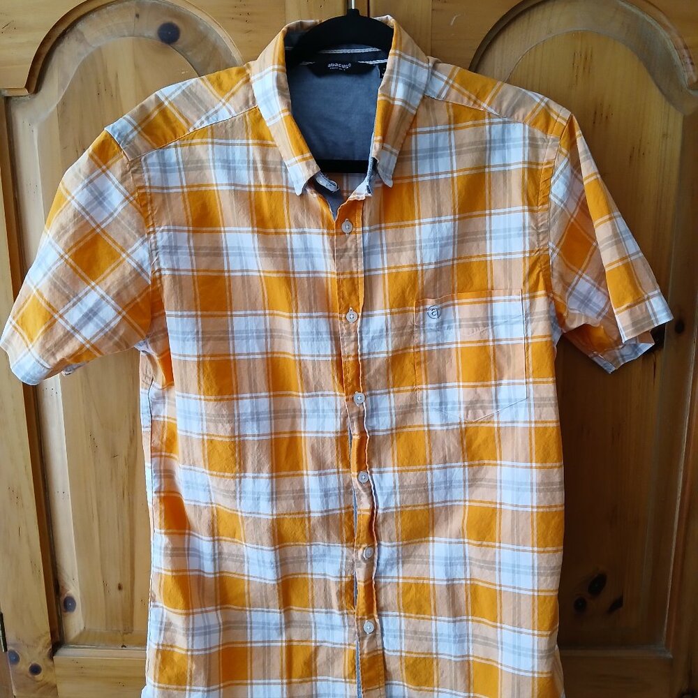 Abacus Sportswear Mens Button Down Casual Shirt Orange/White/Gray Plaid Medium